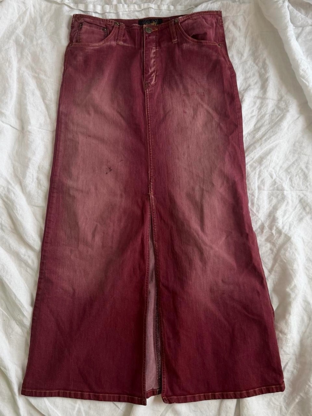 Y2K Angels Overdyed Burgundy Denim Maxi Skirt